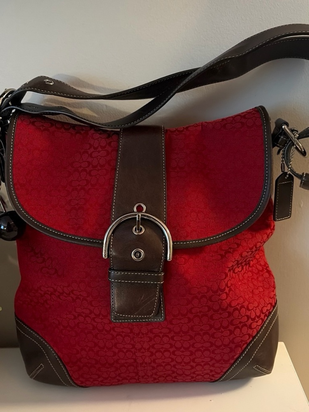 Coach Red Canvas Shoulder Bag with Brown Leather Trim